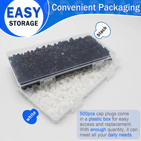 500 Pcs 5 Mm Plastic Hole Plugs White 3/16 Inch Round Shelf Hole Covers For Cabinets Cupboards Closets And Furniture Hide Unused Holes Durable Quick Fit For DIY Projects Kitchen Wardrobe Assembly shown in storage box