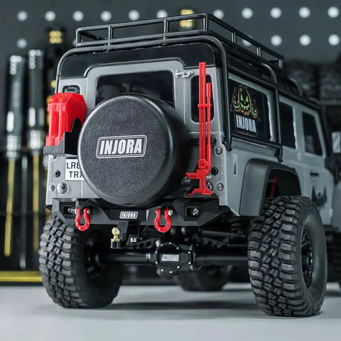 Rear view of Aluminum RC Bumper Set For 1/18 TRX4M Defender, CNC Front 37G And Rear 26G Bumpers With LED Lights, tow hitch