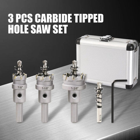 Beefy Pro Grade Three Piece Carbide Hole Saw Kit With Titanium Coated Pilot Drill 7/8" to 1-3/8" for hard metals in aluminum case