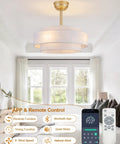 XINGSIYUELYX Gold Ceiling Fan with remote control, modern design, and smart features in a bright living room.