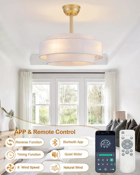 XINGSIYUELYX Gold Ceiling Fan with remote control, modern design, and smart features in a bright living room.