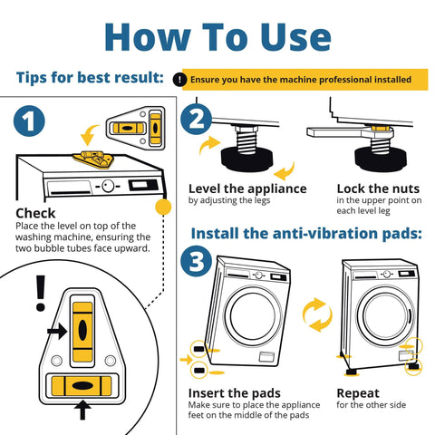 Instructions for installing Go To Ultra Low Profile Anti Vibration Pads For Washing Machines And Dryers 4 Pack Rubber Mats