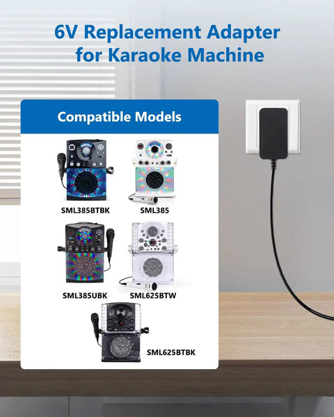 6V Karaoke Machine Charger Replacement For Singing Machine SML-625 SML625W SML625BTW SML385 Models plugged into wall