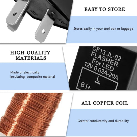 Diagram showing Universal 3 Pin CF13 Flasher Relay For Turn Signals, highlighting easy storage, high-quality materials, all copper coil features.