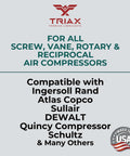 Compatibility graphic for ISO 100 SAE 30 Full Synthetic Air Compressor Oil, showing compatible brands and Made in USA label.