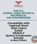 Compatibility chart for Full Synthetic Air Compressor Oil Multi Viscosity ISO 100 SAE 30 for various compressor brands.