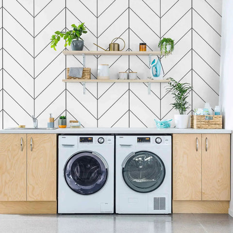 Laundry room with Black And White Peel And Stick Wallpaper For Easy DIY Decor, Modern Striped Geometric Herringbone Self Adhesive Removable Contact Paper For Walls And Furniture, 17.71 By 118 Inches, Great For Home Renovation Projects.
