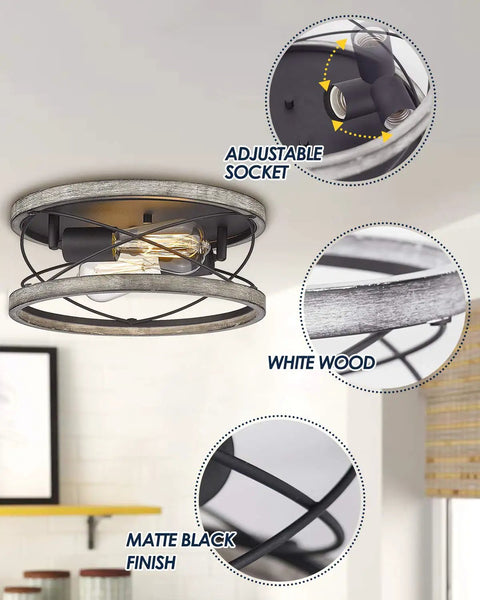 Close-up of Farmhouse Wood Flush Mount Ceiling Light 12 Inch 2 Light Dimmable Fixture with adjustable sockets and white wood frame.