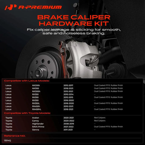 Premium Front Side Disc Brake Hardware Kit For Toyota Camry Highlander Sienna Rav4 And Lexus Rx350 Red Caliper Models Dual Coated PTFE Rubber Finish Super Tough Heavy Duty Upgrade front brake caliper close-up
