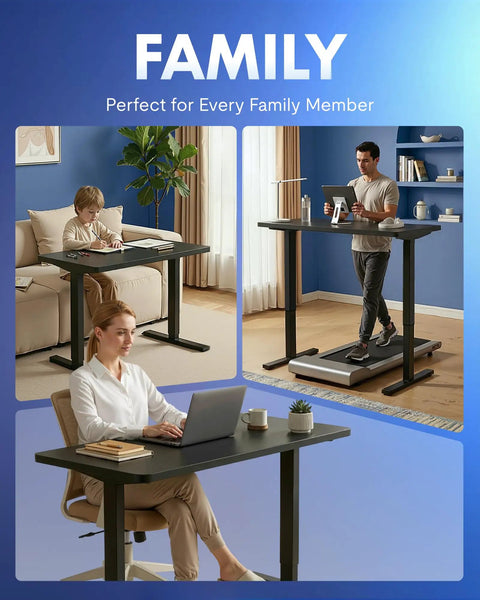 Family using One-Piece Electric Standing Desk With Four Memory Presets, 176 Lb Capacity, Ultra Quiet Lift, Seamless 48 By 24 Inch Desktop, Perfect For Home Office And Dual Monitor Setups, Stable, Sturdy, Black Finish in living space