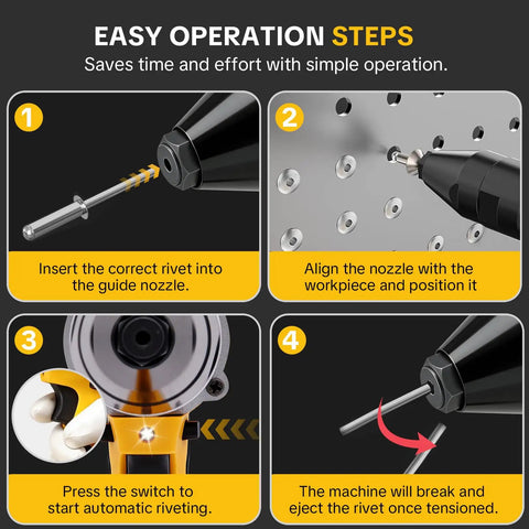 Easy operation steps for Heavy Duty Brushless Cordless Rivet Gun Tool Compatible With Dewalt 20V Max Battery, showing rivet installation process.