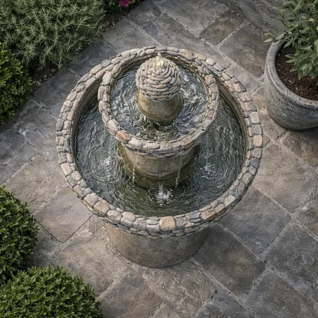 Outdoor Zen Fountain, Stone Trim, Low Maintenace ✓