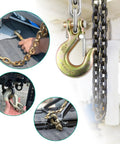 Top Shelf Grade 70 Clevis Slip Hooks With Safety Latch 5/16 Inch Heavy Duty Towing Gear Four Pack in use with chain.