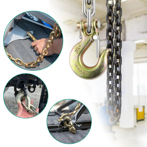Top Shelf Grade 70 Clevis Slip Hooks With Safety Latch 5/16 Inch Heavy Duty Towing Gear Four Pack in use with chain.