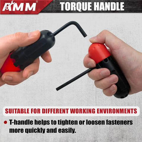 Hands using 31-Piece Hex Key Wrench Set Go-To For Home DIY And Auto Enthusiasts with T-handle torque tool