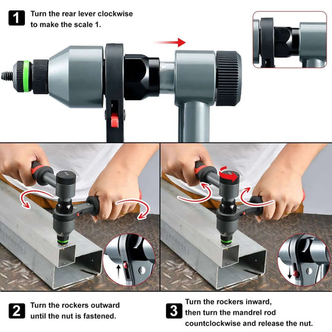 Pro Grade Rivet Nut Tool Kit With Nutsert Gun in use on metal frame, showing setup and operation steps for DIY projects.