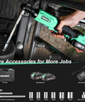 20V Cordless Ratchet Wrench Kit With Three Eighths Inch Drive Beefy 45 Ft Lb Torque 400 RPM LED Work Light, accessories shown