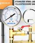 Meanlin stainless steel liquid-filled pressure gauge, 2.5-inch dial, 0–100 psi, mounted to brass valve (front view).