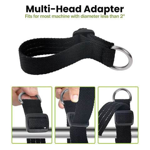 Heavy Duty Trimmer Strap Harness with metal clasp and elastic part for weed eater, shown in close-up with multi-head adapter view.