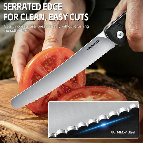 9.09 Inch Folding Bread Knife For Camping And Outdoor Cooking With 4.25 Inch Serrated 8Cr14MoV Stainless Blade slicing tomato