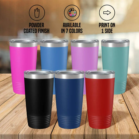 My Retirement Vehicle Golf Cart Tumbler 20 Oz Black Stainless Steel Double Wall Insulated Coffee Cup For Fairway Fanatics in seven colors on wooden table.