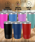 My Retirement Vehicle Golf Cart Tumbler 20oz Double Walled Stainless Steel Insulated Coffee Cup in multiple colors on wooden table.