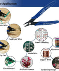 10 Pack Flush Wire Cutters Pliers Set With Diagonal Side Cutting Jaws for Jewelry Making and Crafts Ultra Sharp High Carbon Steel Blades Five Inch Palm Size for Clean Precise Cuts, showing multiple applications such as electronic wire and jewelry making.