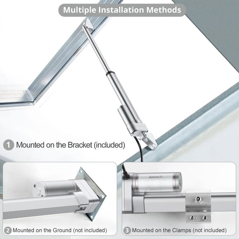 Justech 12V heavy-duty linear actuator, silver aluminum body with mounting bracket