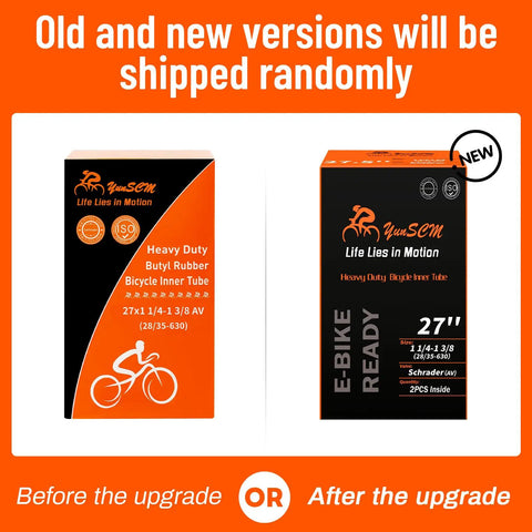 Two Pack Heavy Duty Bike Tubes With AV32mm Schrader Valve packaging comparison, old vs. new design for 27x1 1/4 and 27x1 3/8 tires