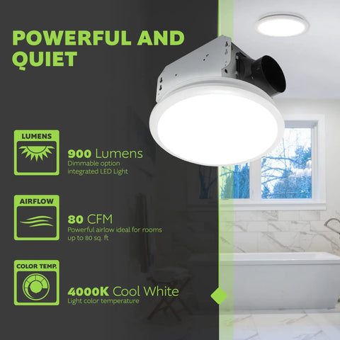 Quiet Bathroom Vent Fan With Integrated LED Light Ceiling Mount Exhaust 80 CFM One Point One Sones White Finish Easy Install