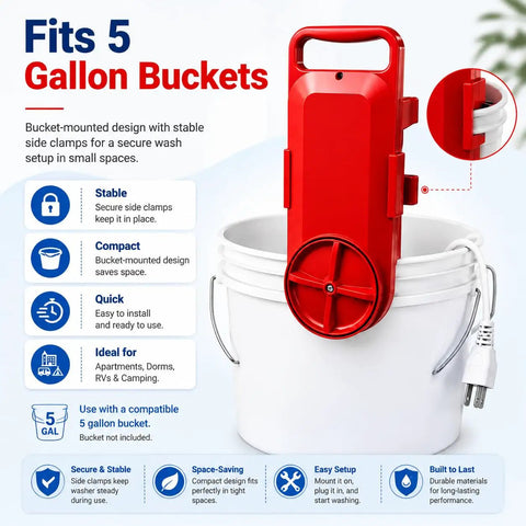 Portable 5 Gallon Mini Clothes Washer With Digital Timer And Quick Turn Spin Action Handles attached to a white bucket.