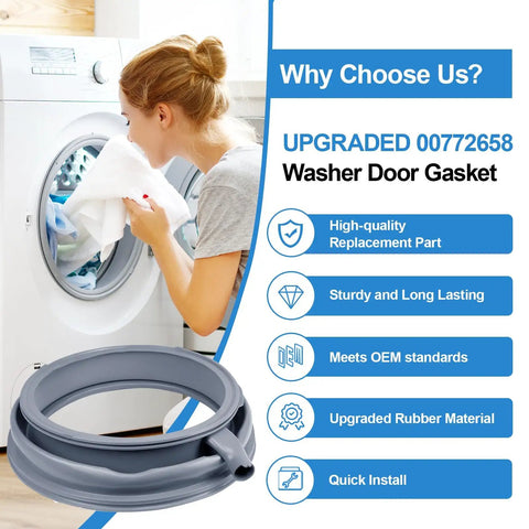 Beefed Up 00772658 Washer Door Boot Seal Replacement Kit For Front Load Gasket shown with washer and product features list.