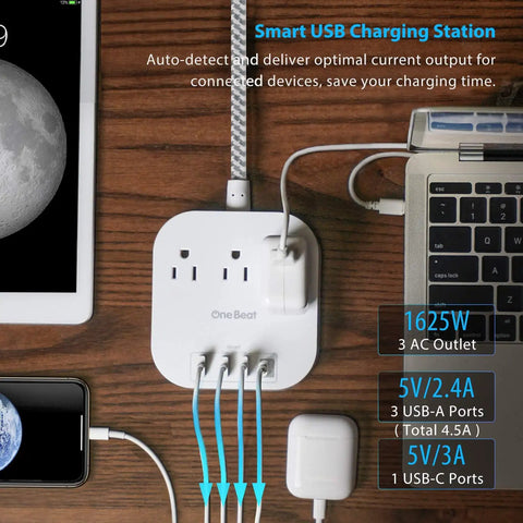 10 Foot Long Power Strip With 3 Outlets And 4 USB Ports USB A And USB C Flat Plug ETL Listed Non Surge Protector in use on desk
