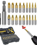 22 Piece Titanium Screw Extractor Set For Quick Removal Of Rusty And Stripped Screws And Broken Bolts Easy Out Kit Works With Any Drill 3 To 12 Mm High Speed Steel Durable DIY Tool Gift For Men, showing full kit with drill