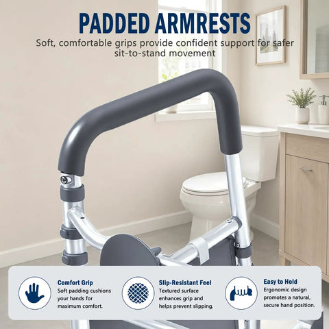 Padded armrests of Premium Heavy Duty Toilet Safety Rails for Seniors, providing comfort and secure grip for safe use.