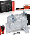 Heavy Duty AC Compressor With Clutch 7zse17 Specs Features Six Groove Pulley Comes Prefilled With OEM Oil in silver with box and tools.