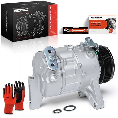Heavy Duty AC Compressor With Clutch 7zse17 Specs Features Six Groove Pulley Comes Prefilled With OEM Oil in silver with box and tools.