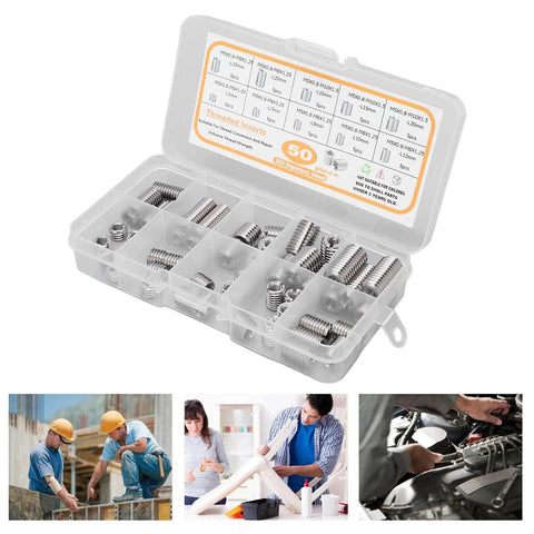 Ultimate 50-Piece Stainless Steel Threaded Inserts For M5x0.8 Repair Kit To Fix Stripped Threads And Restore Fastening Power On Metal Or Plastic Parts With Rust Proof Precision For Any Gnarly Industrial Job. Open storage box with assorted M5 inserts