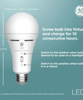 Diagram of Led Plus Battery Backup A21 LED Bulbs With Built In Flashlight For Power Outages, showing dimensions and switch modes.