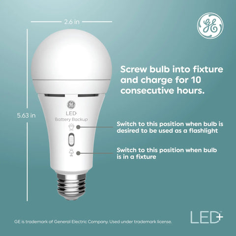 Diagram of Led Plus Battery Backup A21 LED Bulbs With Built In Flashlight For Power Outages, showing dimensions and switch modes.