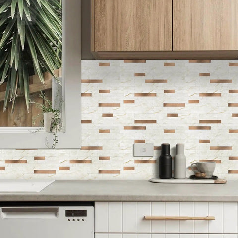 10 Sheet Peel And Stick Backsplash Subway Tile In Copper Beige Marble Look For Kitchen And Bathroom installed in modern kitchen
