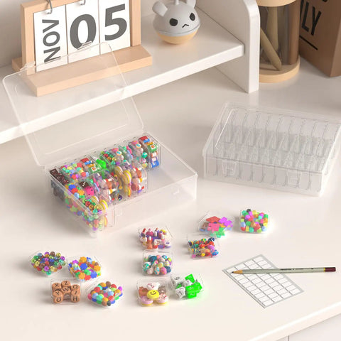 Clear Bead Organizer Storage Box Set With 31 Hinged Lid Containers for small parts on a table, showcasing open compartments filled with colorful beads.