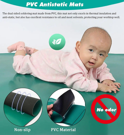 Baby lying on Antistatic Mat For Computer Repair And PC Building, ESD Safe Desk Pad, shows flexibility and PVC material details