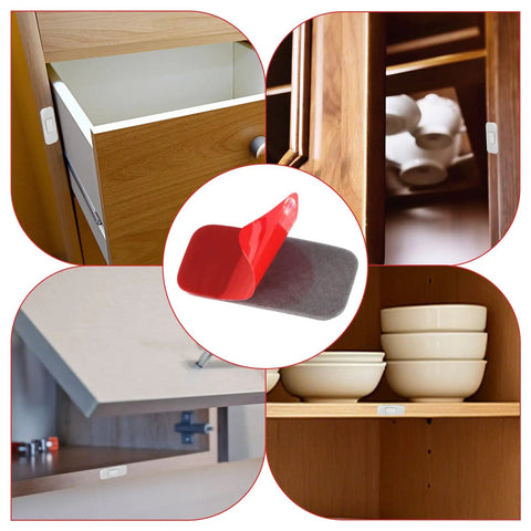 Ultra Thin Magnetic Cabinet Door Catches Kit, 12 Pairs With No Drill Double Sided Adhesive Strips shown on cabinets and drawers
