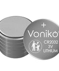 CR2032 3V Lithium Button Cell Batteries 6 Pack stacked, silver, ideal for AirTag, key fobs, and home gadgets.