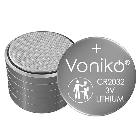 CR2032 3V Lithium Button Cell Batteries 6 Pack stacked, silver, ideal for AirTag, key fobs, and home gadgets.