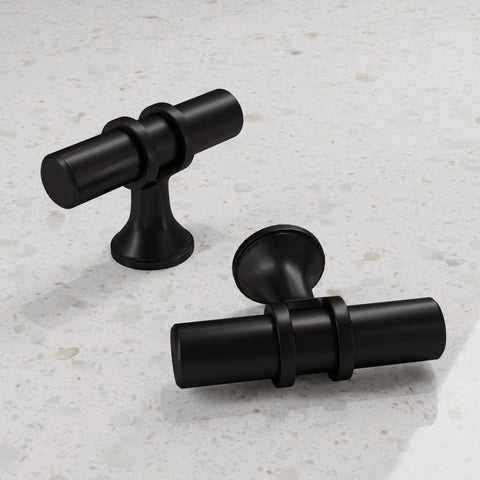 2 Pack Matte Black Cabinet Pulls T Bar Knobs For Kitchen Cupboards And Bathroom Cabinets on white surface