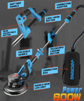 800W Drywall Sander with Foldable Design showing handle, LED lights, and dust bag details.
