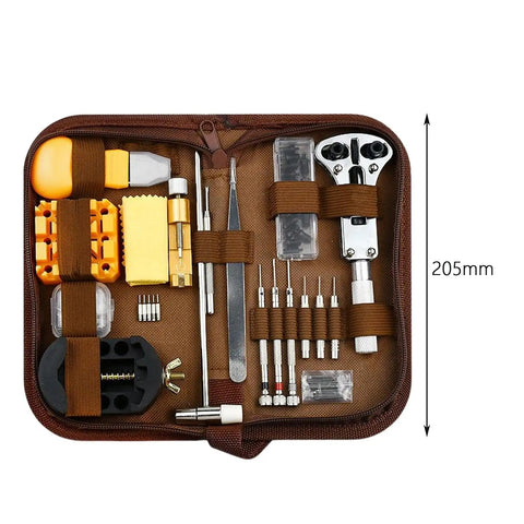168 Piece Watch Repair Tool Kit With Spring Bar Tools, 5 Extra Pins, Adjustable Set, shown in handy brown case