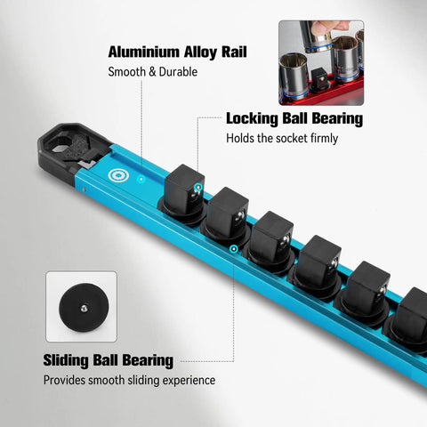 Magnetic Socket Organizer Set For 1/4 3/8 And 1/2 Inch Sockets Aluminum Alloy Socket Rail With 96 Clips close-up showing ball bearings